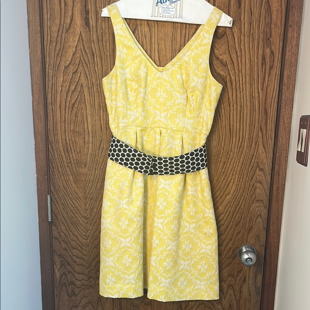 Anthropologie Yellow Brocade Dress with Black Belt